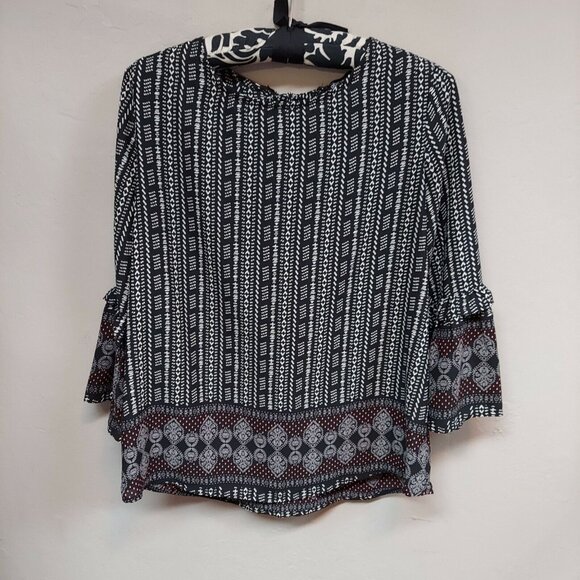 Gibson Top Womens Multicolor Geometric Print Blouse Small 3/4 Ruffle Sleeve - Picture 1 of 7